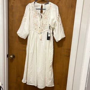 548. Black Tape Women's Cream Embroidered Midi Dress - Boho Tie Neck